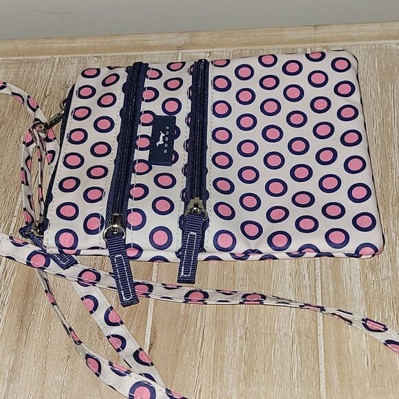 SCOUT Sally Go Lightly Blue White Pink Polka Dot Crossbody Purse Triple Zip - Picture 6 of 10